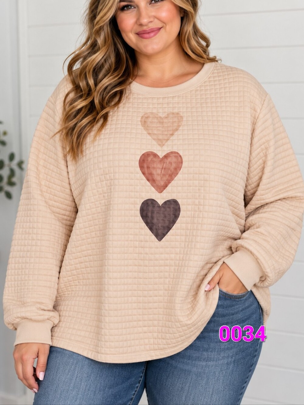 Cozy Neutral Heart-Print Waffle Sweatshirt - Beige Size XL